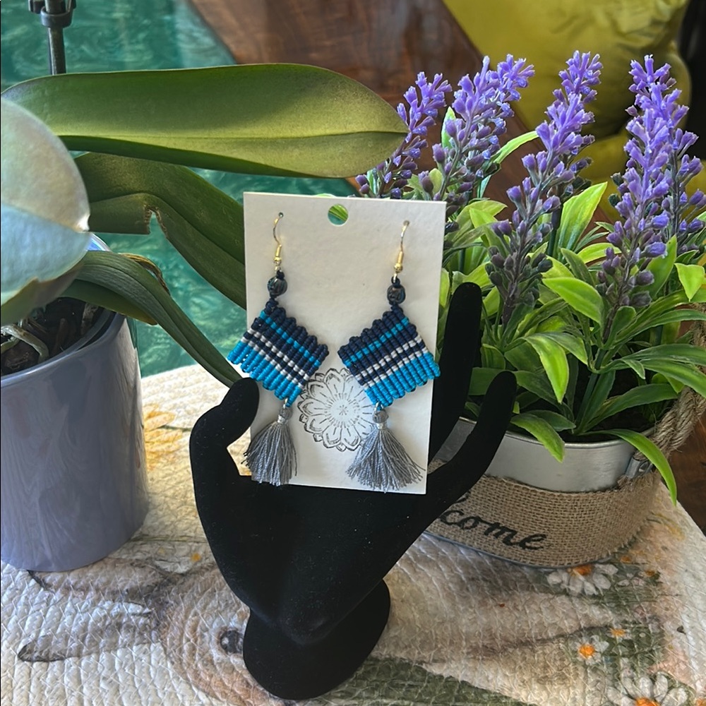 Earrings Handcrafted Blue and Silver Beaded Tassel Earrings, 3 1/2”, New